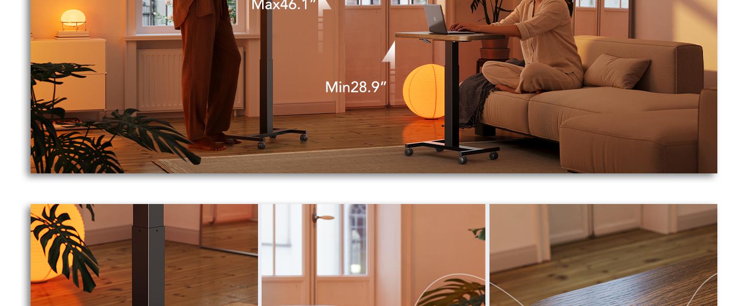 Portable Rolling Laptop Desk with Height Adjustment, Mobile T-Base Stand with Locking Casters, Sit-Stand Workstation for Bedside and Sofa, Walnut Finish Portable Rolling Laptop Desk with Height Adjustment, Mobile T-Base Stand with Locking Casters, Sit-Stand Workstation for Bedside and Sofa, Walnut Finish