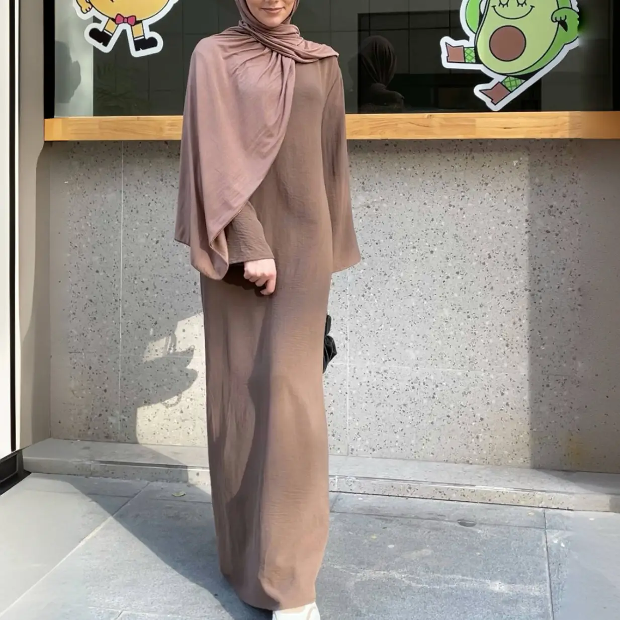 YNeedM Solid Crepe Slip Inner Dress Muslim MS111  LooseFitting Long Sleeve Polyester Casual Midi Wrap Style for All Seasons