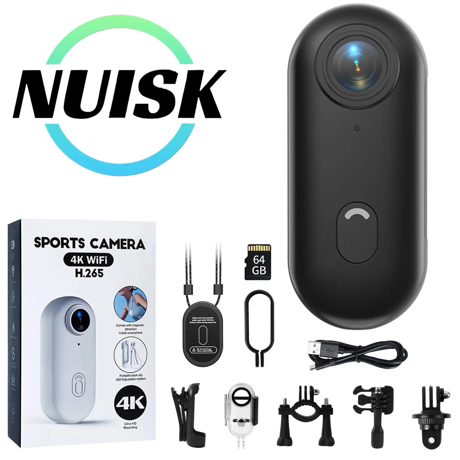 NUISK Mini Wearable Action Camera - IPX7 Waterproof Body Cam with Magnetic Mount, Clip-On Design, 110° Wide-Angle Lens, Anti-Shake Metal Gear, WiFi, Batteries, Daily Recording for Pets, Cycling