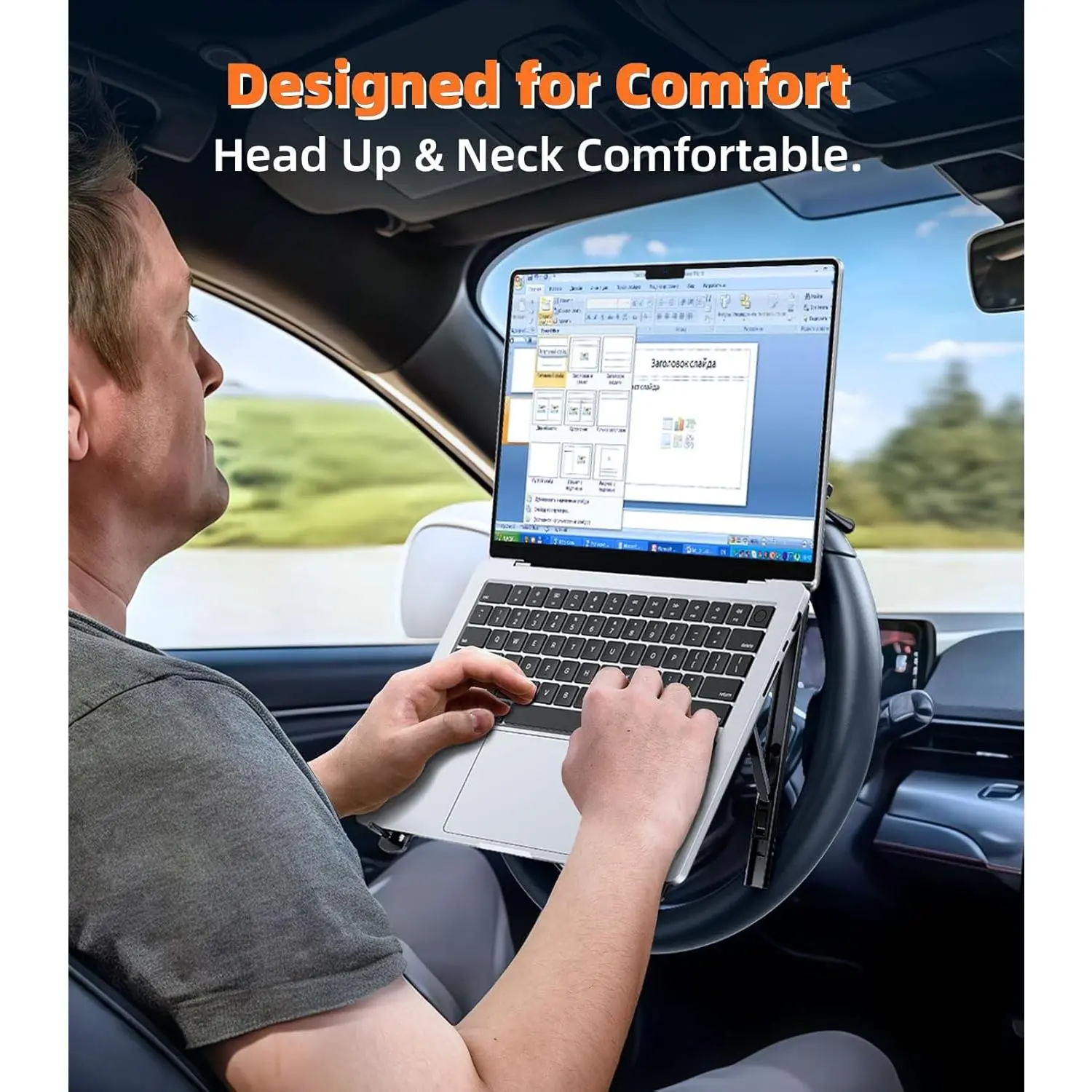 Height Adjustable Car Laptop Mount Steering Wheel Tray Holder Foldable Portable Lap Stand for Car Vehicle Workstation Accessories Compatible with Tesla Trucks SUVs, Dual Modes Adapt To Your Car Setup, Multi-Mode