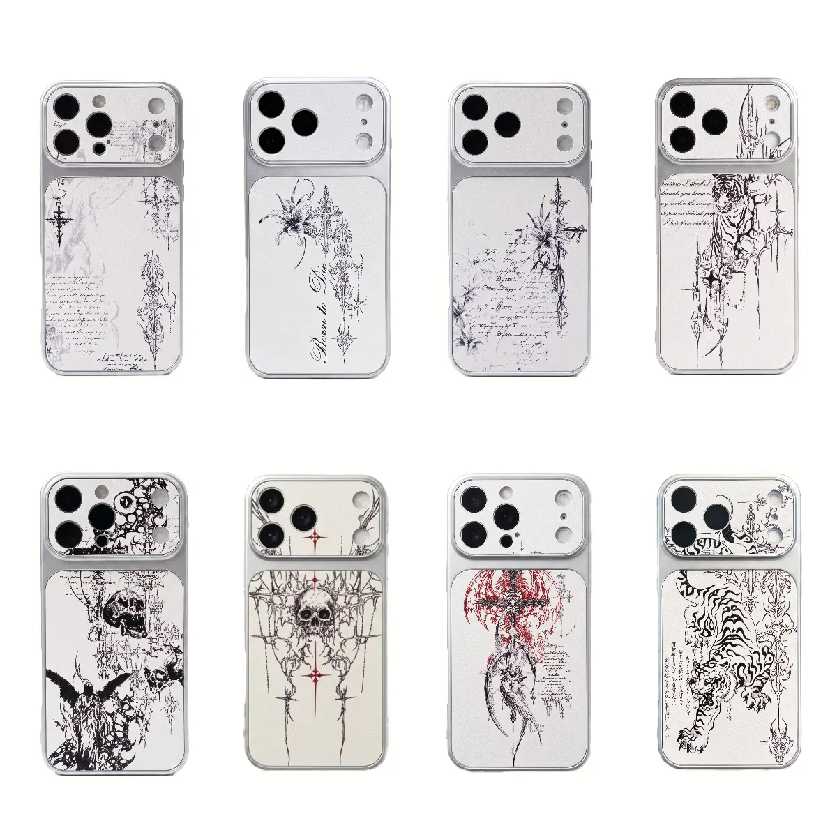 Gothic Cyber Sigil Cross Elegant Vegan Leather Case|   Silver Accent|   Compatible For iPhone 17 Pro Max 16 15 14 13 12 11 Pro Max Plus Soft Silver Cover solid color luxury crystal texture