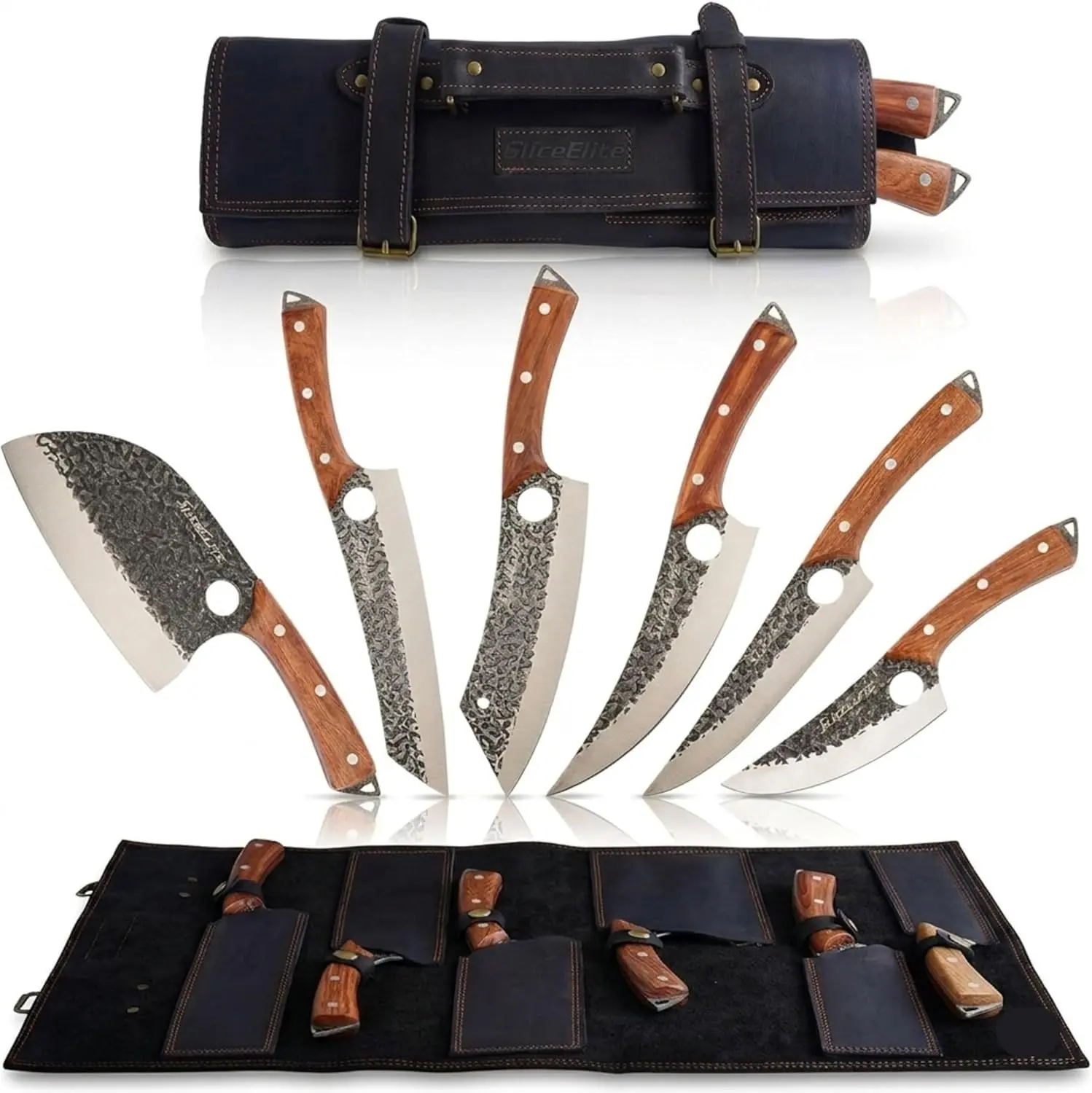 6 Piece Butcher Knife Set with Leather Roll Serbian Chef Viking Cleaver Boning Scimitar Kiritsuke Knives Hammered Pattern Forged Steel Meat Cutting BBQ Prep
