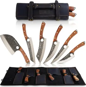 6 Piece Butcher Knife Set with Leather Roll Serbian Chef Viking Cleaver Boning Scimitar Kiritsuke Knives Hammered Pattern Forged Steel Meat Cutting BBQ Prep
