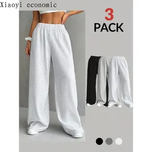 [Elegant Wide Leg Sweatpants] 3-Pack Elegant Wide Leg Sweatpants - Polyester Knit Athletic Pants Autumn/Winter - Solid Color, Adult Fit