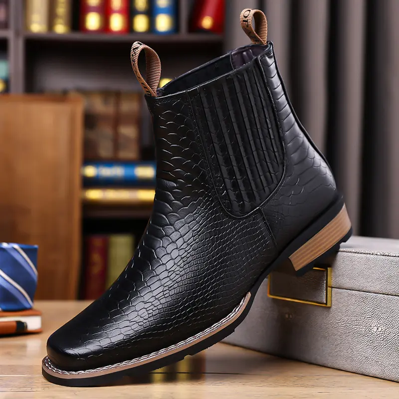 KVONE-Versatile Men's Chelsea Boots,Crocodile Pattern square-toe chelsea work ankle boots, British Retro Leather Boots, Versatile for Various Occasions,comfortable security footwear, outdoor casual closed-toe style Walking Shoes Black Boot