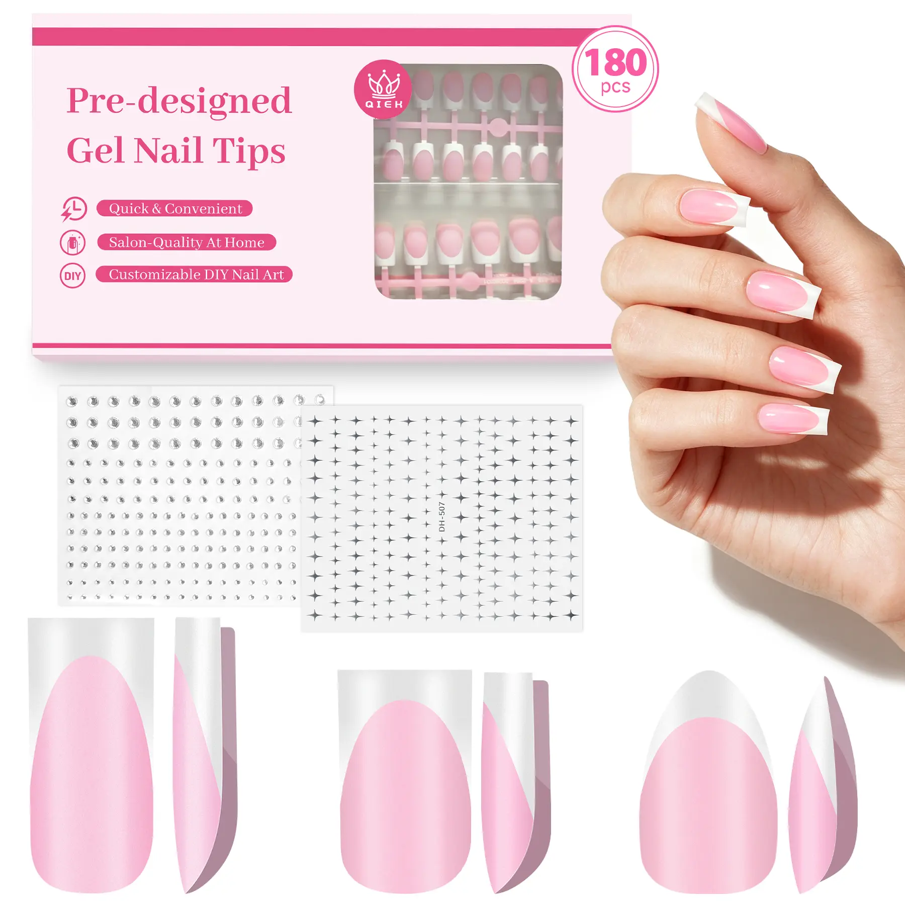 180 PCS Light Pink (Short Square+Short Almond+Long Square)