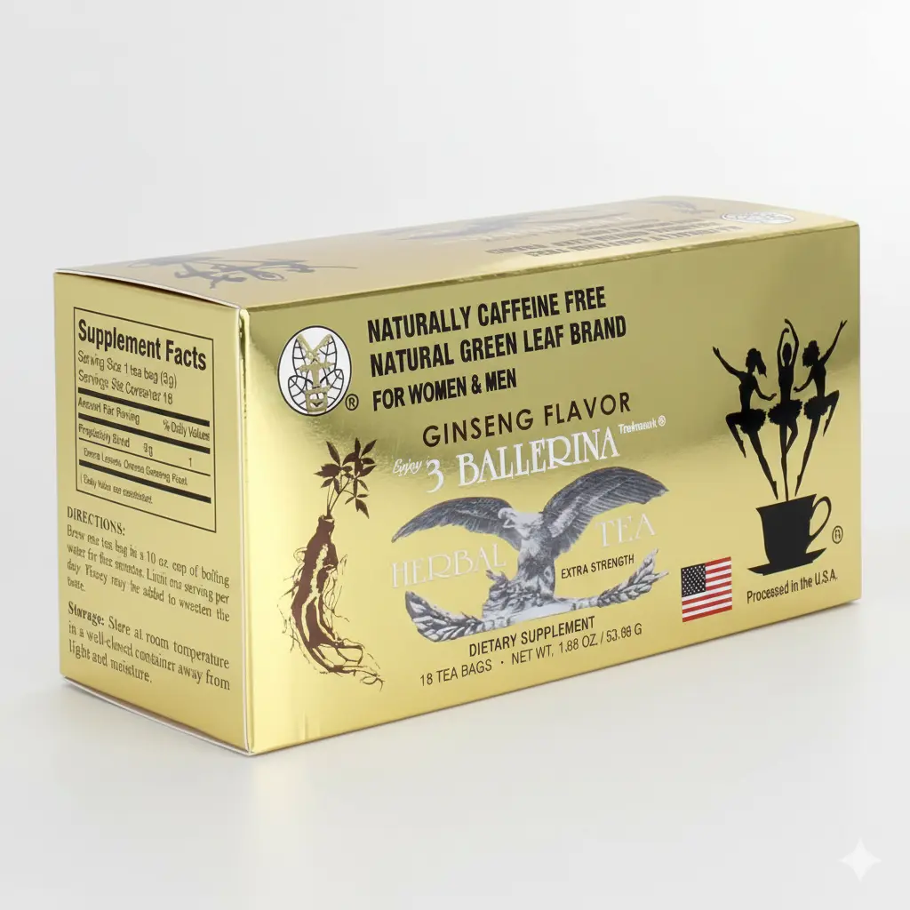 3 Ballerina Herbal Tea - Ginseng Flavor - Extra Strength 18 Tea Bags Total - Naturally Decaffeinated - Traditional Chinese Blend - Made in USA
