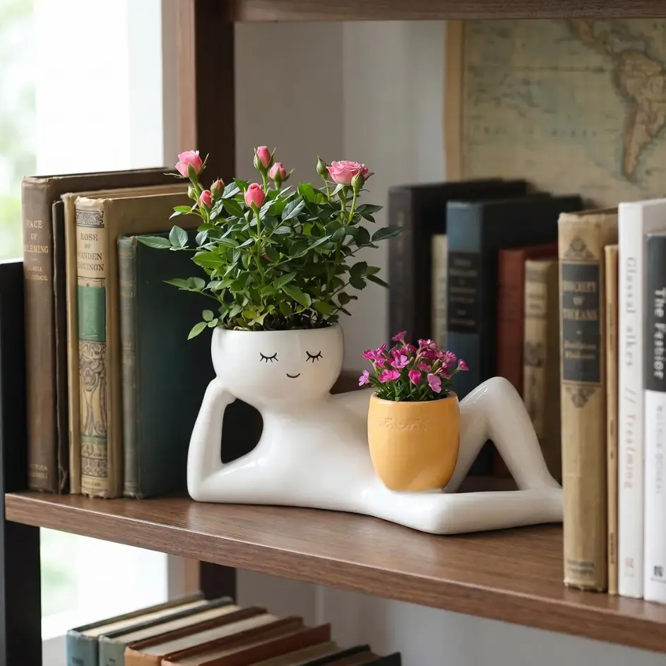 Creative Humanoid Ceramic Planter, Modern White Body Art Flower Pot with Dual Planting Spots, Cute Reclining Statue Succulent Container for Indoor Plants, Bookshelf, Desk, Living Room, and Home Decor