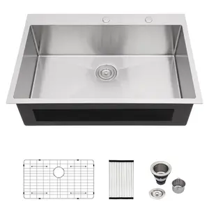 Logmey 33 Inch Drop In Kitchen Sink, 33x22x9 Inch Topmount Workstation Kitchen Sink, 16 Gauge SUS304 Stainless Steel Single Bowl Deep Kitchen Sink, Handmade Commercial Grade Kitchen Sink for Home Kitchen, Laundry, Bar, RV