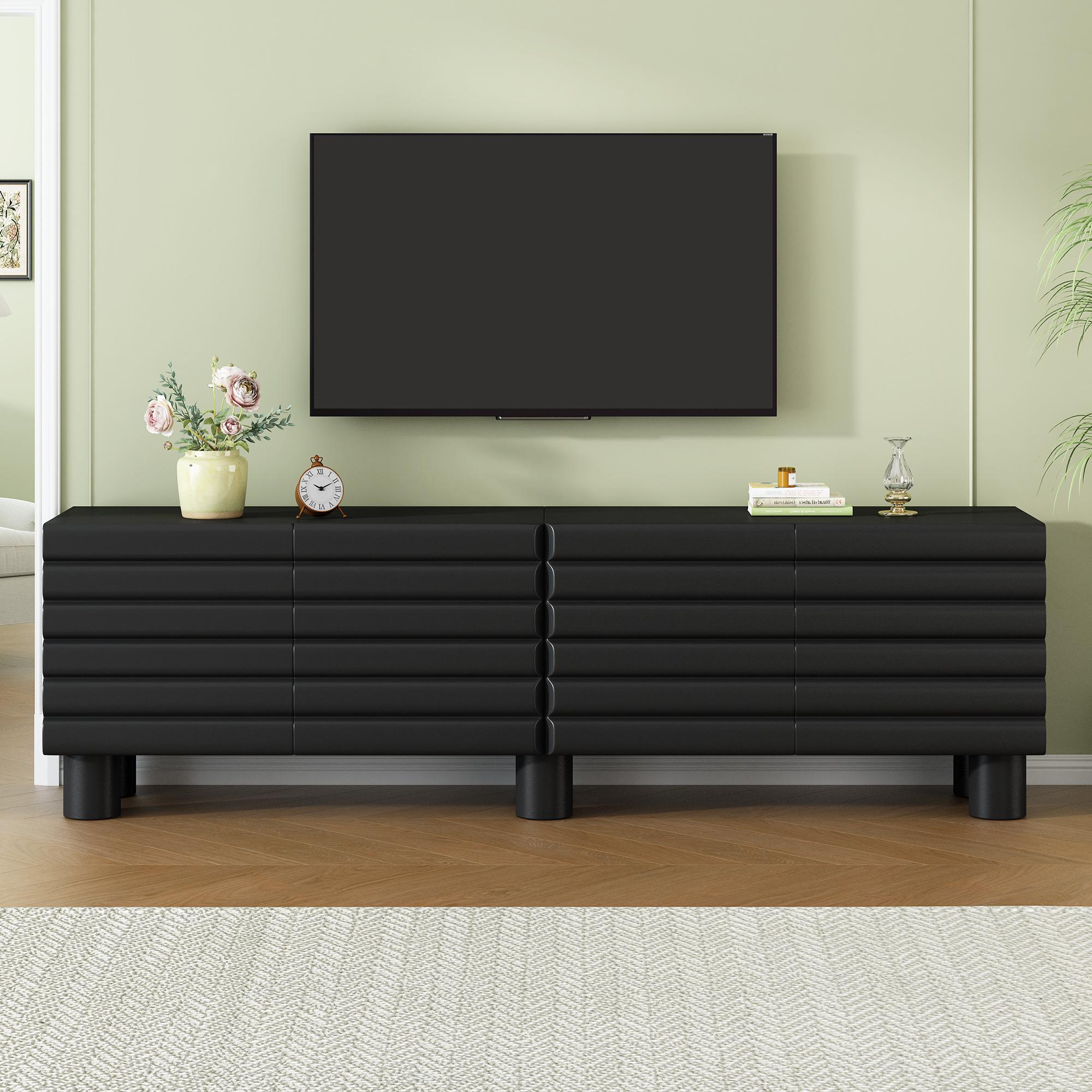 Modern Farmhouse MDF Wood Rectangular TV Stand - Cream White Single Unit for 75" TV, Wavy Door Media Console with Adjustable Shelves, 8 Cable Holes, Cylindrical Legs, Living Room Storage, Requires Assembly