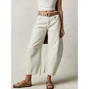 Stylish barrel jeans in plus sizes, solid color, loose fit, low rise — women’s denim jeans and clothing; cute casual style