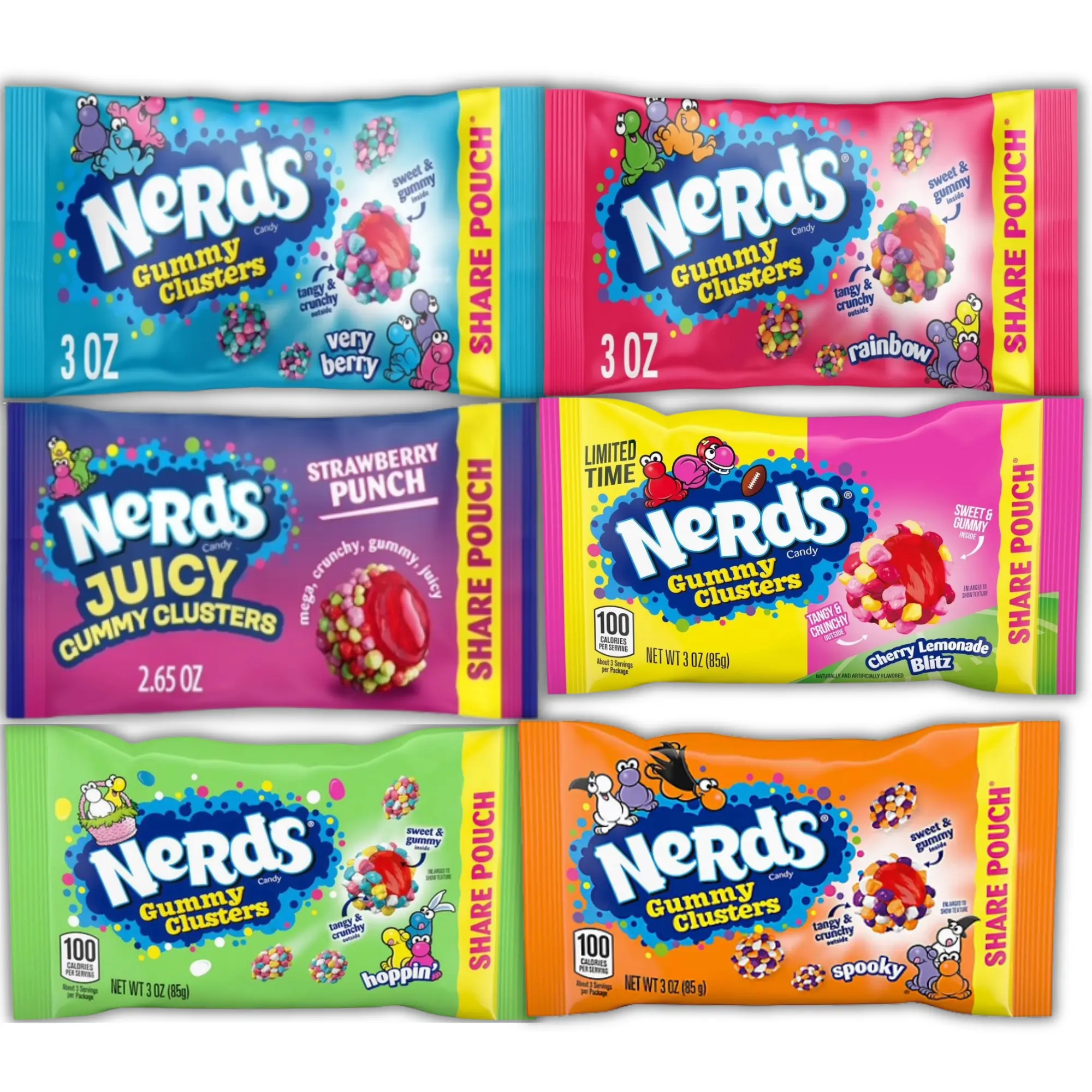 NERDS Gummy Clusters Ultimate Share Pouch Bundle –(6) Assorted Flavors Variety Pack – (6) Fan Favorite Share Size Candy Bags – Sweet & Crunchy Gummy Candy Bundle