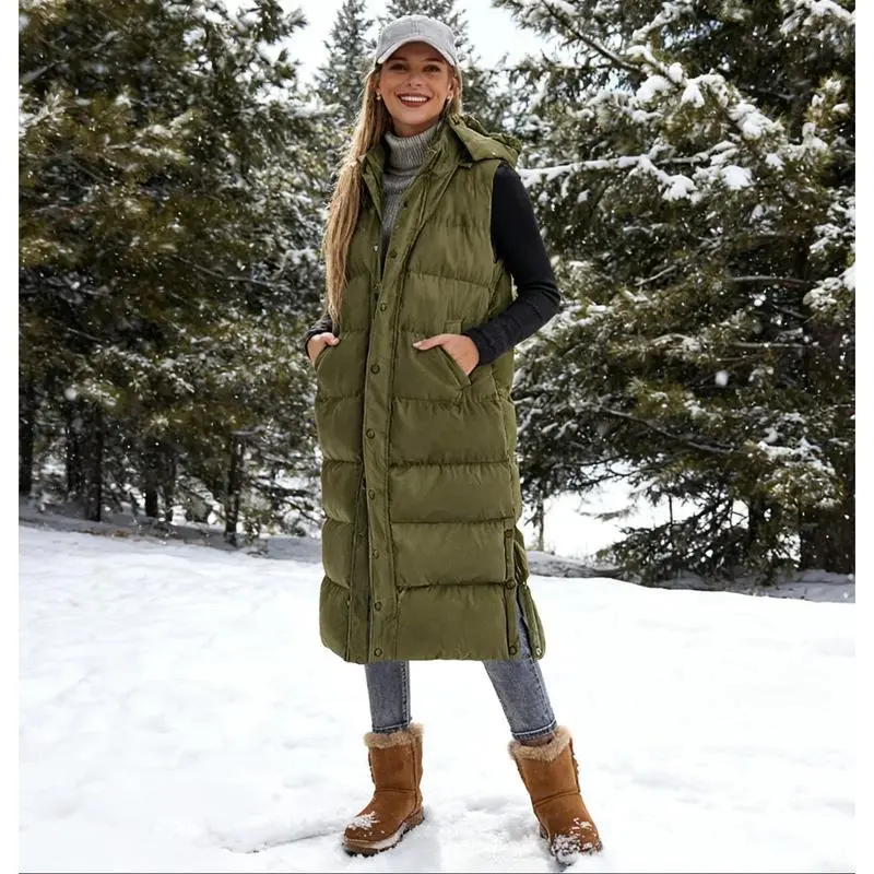 Women's Long Quilted Hooded Polyester Puffer Vest - Button-Down Closure, Stylish Fabric, 2025 Winter Outdoor Sports Outerwear Top, Style, Casual, Sleeveless, Lady, Xxl, Outdoors, Hooded Neck, Insulated Fill, Puffer Look, Standard Sizes, Us 20