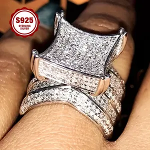 925 Sterling Silver Ladies' Ring, Luxurious And Unique Concave Princess Square Design, Multi-row Fully Set With 5A Zirconia, Suitable For Daily Wear, Engagement, Parties, As A Gift For Your Girlfriend.
