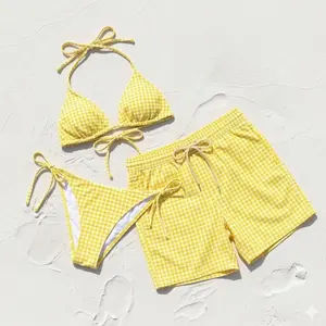 [MATCHING SWIMWEAR SET - EXTREMELY HOT] A checkered swimsuit set, including a yellow striped bikini and swim bottoms, a memorable gift for your vacation.