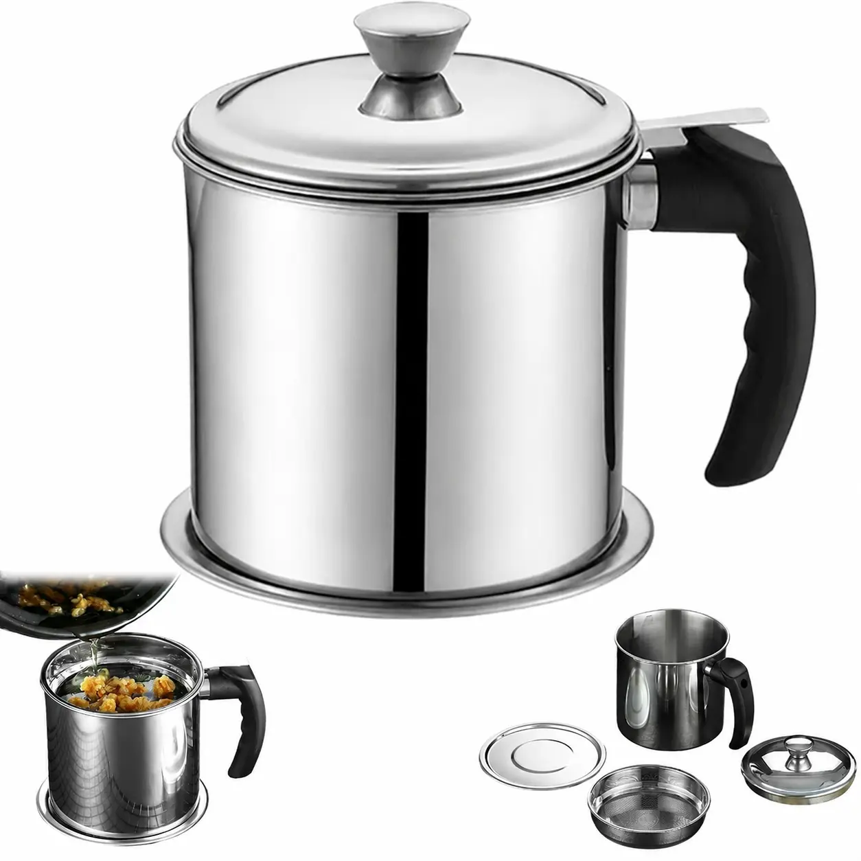 Stainless Steel Oil Filter Pot, Bacon Grease Container with Lid & Tray, Easy Grip Handle, Bacon Grease Saver with Strainer for Frying Oil Storage, Home (1.8L/60.87 fl oz Plastic handle)