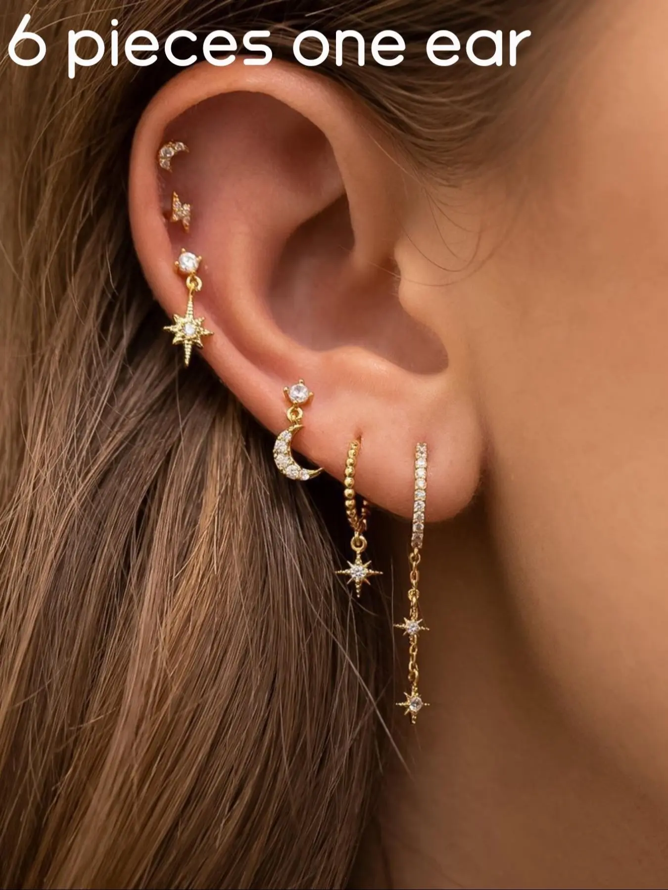 6/3pcs New Star Moon Soft Cartilage Piercing Dangle Earrings Set, Cubic Zirconia Stainless Steel Pendant Chain Rings Sparkling Ear Jewelry Ear Accessories Earring Stacks