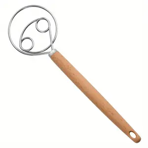 Stainless Steel Danish Dough Whisk - Hand Mixer and Dough Blender for Bread, Pastry, and Pizza Dough - Manual Kitchen Baking Tool with Wooden Handle - Food Contact Safe