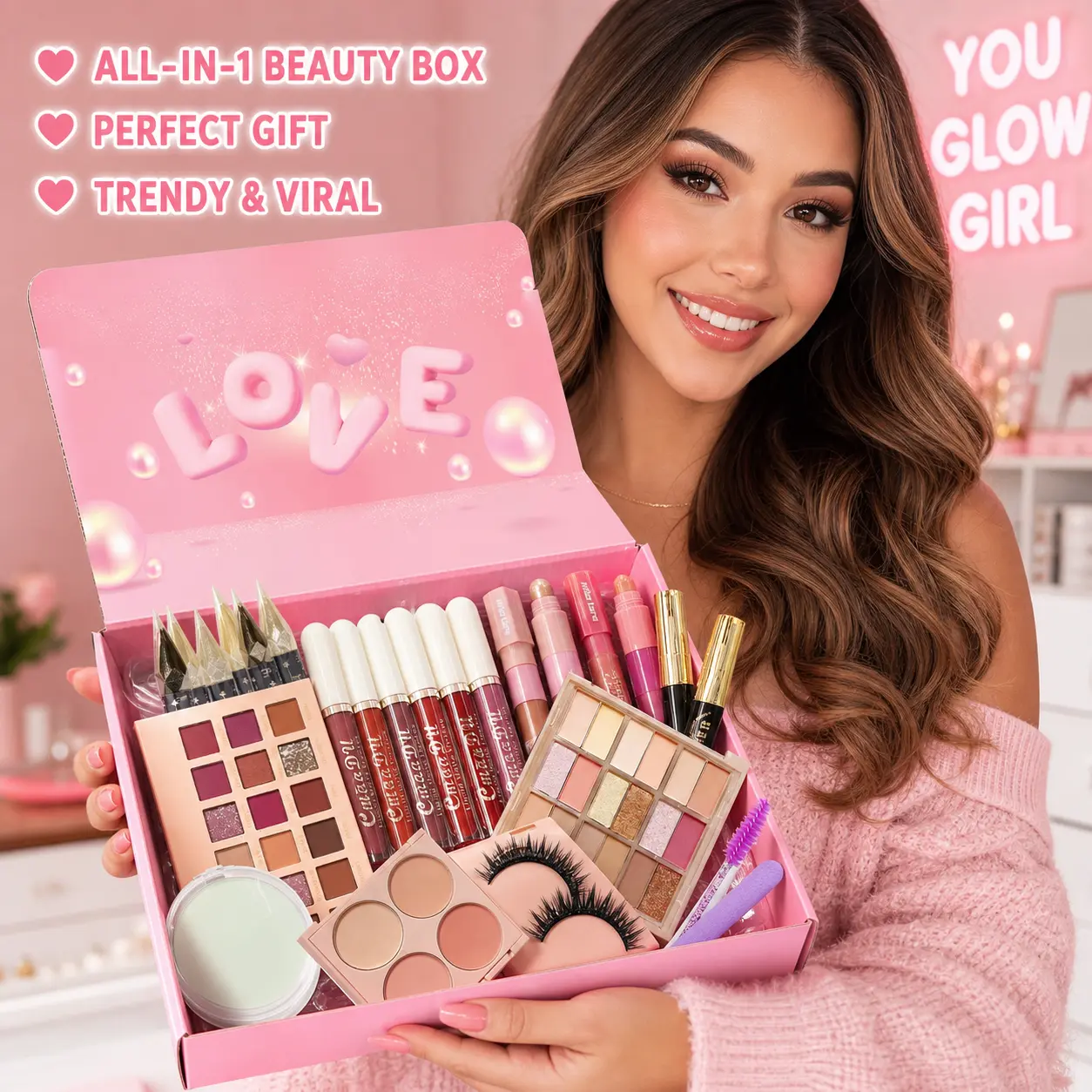Beginner‘s  10-30 pcs makeup kit, 18 color pink eye shadow eye plate, highlight pen, shadow pen, eyeliner pen, eye black, powder blusher, face repair, lip glaze, powder, makeup case, large capacity facial makeup gift box Glam Set Cosmetics Mystery Kit
