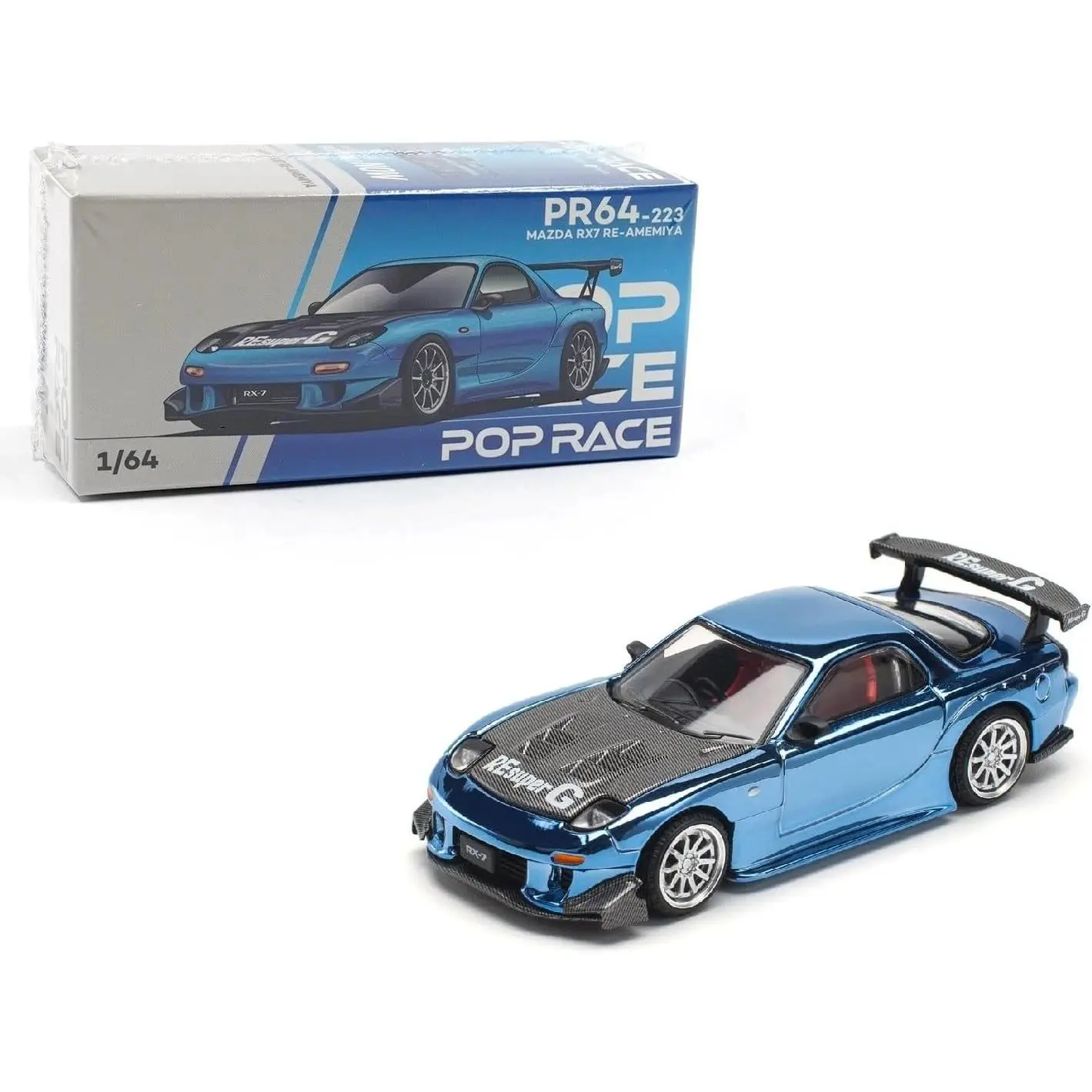 Pop Race 1:64 Mazda RX7 RE Amemiya Widebody Blue Chrome with Carbon Top Limited Edition Diecast Model Car PR640223 - Single Scale Sports Racing Diecast Vehicle, Sports Car Model
