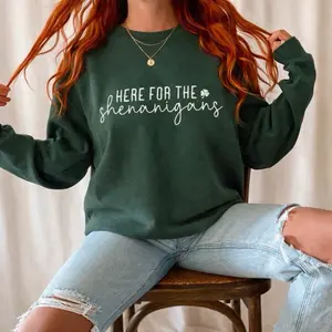 Star's Shining Gifts Embroidered Here for the Shenanigans Irish Green Crewneck Sweatshirt for Women