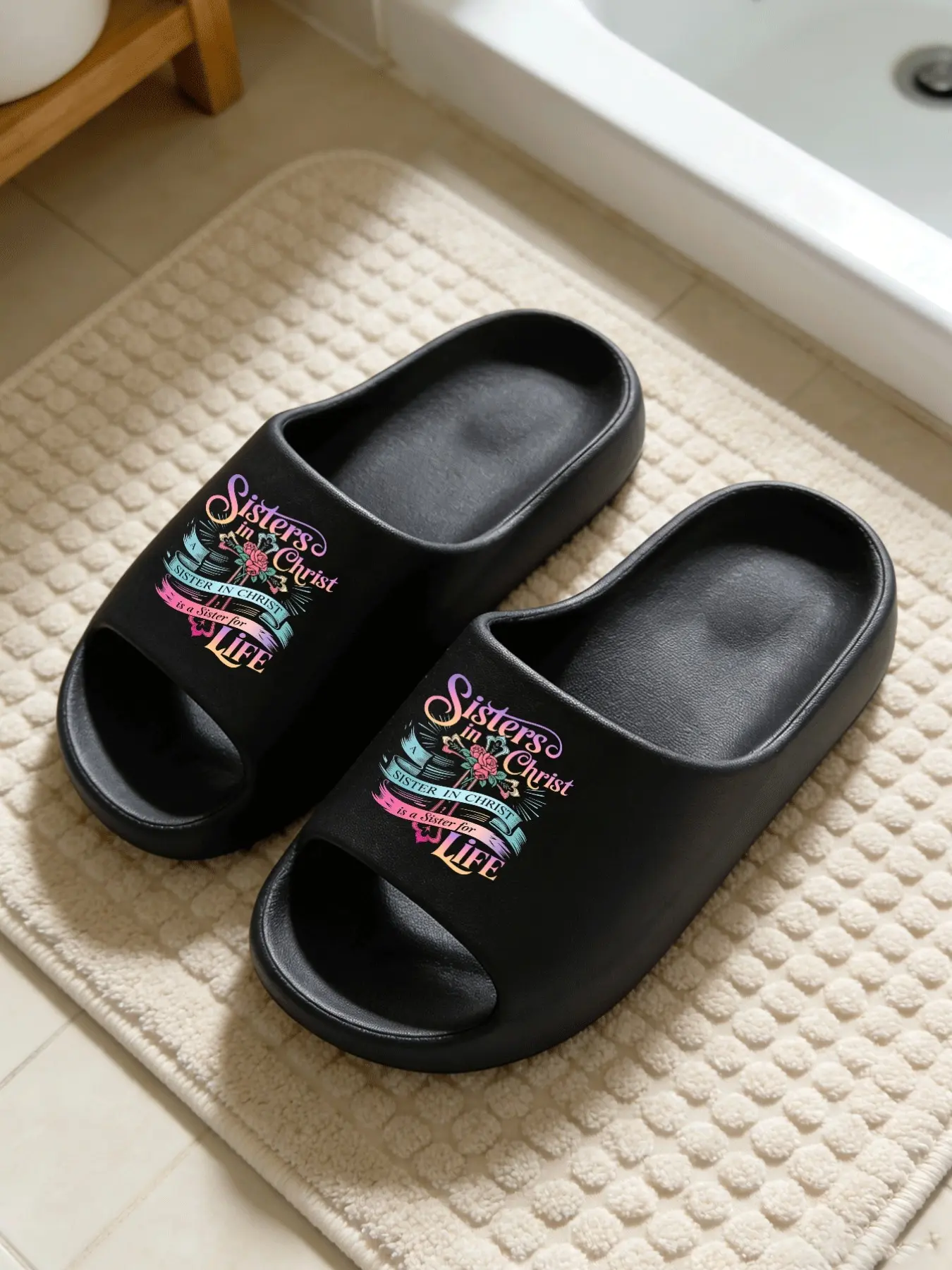 Sisters in Christ Colorful Gradient Print Cloud-Feel Retro American Vibe Style Faith Lovers Must-Have Gift Non-slip Soft Home Sandals