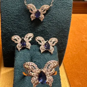 <PingEast Jewelry>EDP503--925 Sterling Silver Set with 0.5 Carat Butterfly-Shaped Elegant Royal Blue Sapphire Set (Necklace + Ring + Earrings, with Certificate)