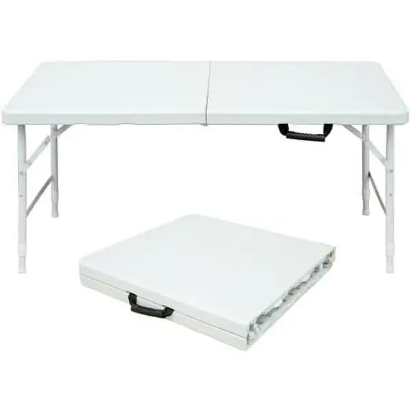 4 Feet Foldable Table, Heavy Duty Plastic Fold-in-Half Utility Table, Adjustable Height Portable Camping Table with Carrying Handle, Outdoor Picnic Dining Table for Camping