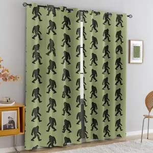 2 panels Bigfoot Print Blackout Curtains, Green Sasquatch Silhouette Pattern Thermal Insulated Window Drapes for Cabin Bedroom, Funny Outdoor Themed Home Decor