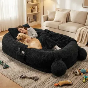 Black Human Sized Dog Bed, 71" x 45" x 12" Large Dog Bed with 2 Storage Pockets, Fluffy Faux Fur Orthopedic Pet Bean Bed for Adults & Giant Pets