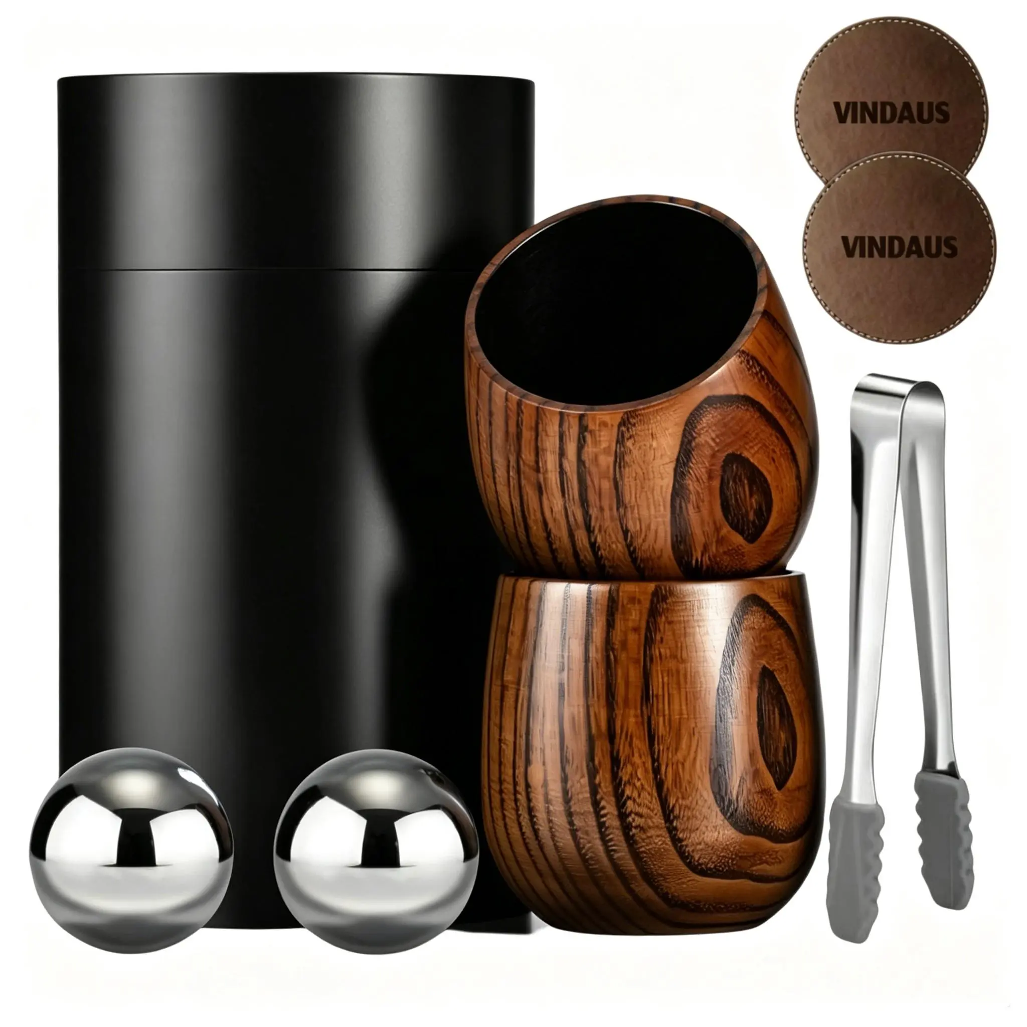 [Holiday Gift] VINDAUS 2PCS 8oz Handmade Wooden Whisky Cups Set - Charred/Uncharred Minimalist Old Fashioned Tumblers with 2.2in Ice Spheres, Ideal for Dad, Birthday Gifts (No Steel Bar & Wine Utensils), Cup, Handmade Wooden Glass