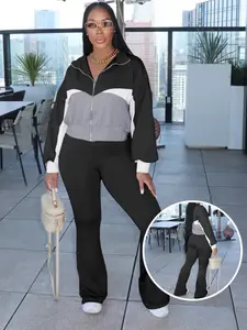 USBOUTIQUECHIC Chic Color-Contrast Zip-Front Top & Lounge Pants - Fashionable Casual Wear, Cozy Fall Matching Outfit 2-piece set woman - Clothes