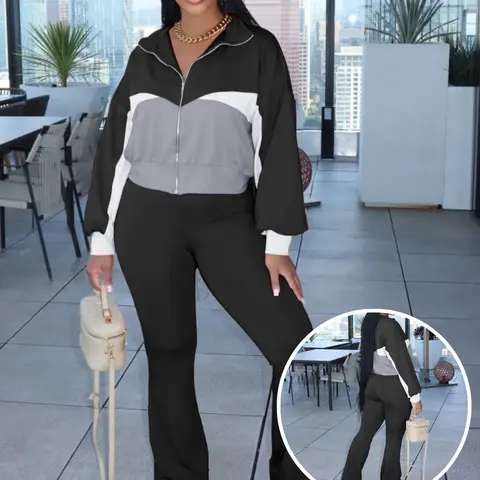 USBOUTIQUECHIC Chic Color-Contrast Zip-Front Top & Lounge Pants - Fashionable Casual Wear, Cozy Fall Matching Outfit 2-piece set woman - Clothes