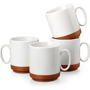 16oz Ceramic Coffee Mugs Set of 4, Stackable Coffee Cups with Straight-Sided Design, Mugs for Coffee, Latte, , Hot , Cappuccino and Cocoa, Microwave & Dishwasher Safe, Khaki White