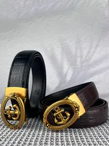 1Pc men's belt, retro style alloy automatic buckle, 3.5cm/1.38in wide embossed casual ratchet belt, black coffee color optional, suitable for daily commuting and holiday gifts, Casual Waist Belt