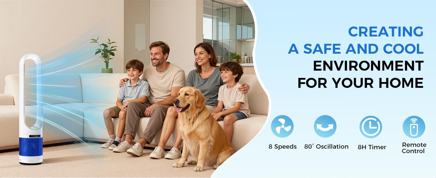 Bladeless Tower Fan ，80° Oscillation Quiet Cooling Fan with 8 Speeds, 8H Timer, Sleep Mode, Remote Control, 360° Air Intake, Space-Saving Bladeless Fan for Bedroom, Living Room, Home Office, Home Gym