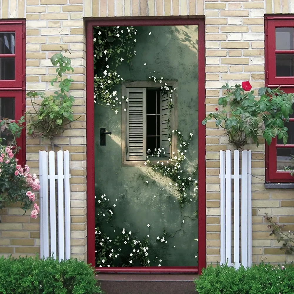2pcs Vintage Green Vine Window Wall Sticker European Decorative Sticker Self Adhesive Removable Living Room Bedroom Background Wall Decal Fake Plant Flower Window Pattern Sticker Warm Home Decoration