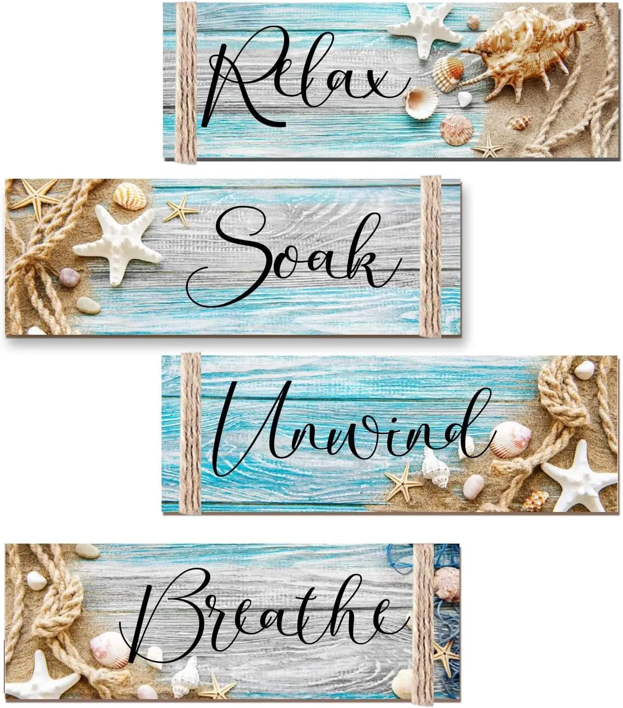 4PCS Ocean Beach Wood Relax Soak Unwind Breathe Art Sign Hanging Wooden for Decor Living Room Laundry Spa Washroom Wall Decor