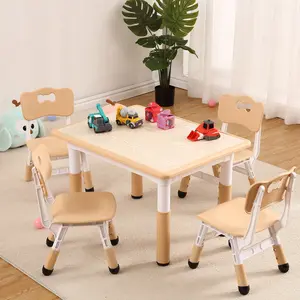 Kids Table and Chairs Set, Toddler Height Adjustable Desk with Graffiti Desktop, Arts & Crafts Table With 4 Seats, Non-Slip Legs, Max 300lbs, Suitable for Kids Table and Chairs Ages 2-10, Natural