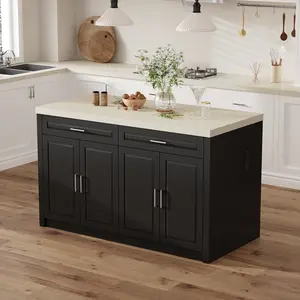 FUFU&GAGA Modern 61" W Stationary Kitchen Island - Charging Station + 2 Drawers + Adjustable Shelves, Black & Beige Coffee Bar Cabinet