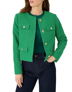 YEXPINE Cropped Tweed Blazer Jackets for Women Elegant Slim Collarless Business Casual Outfits