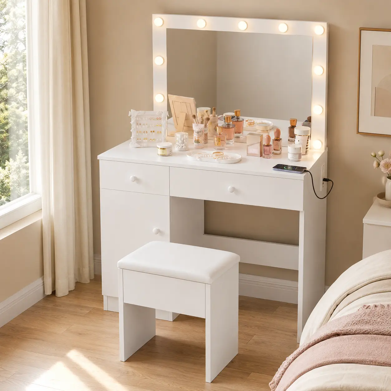 【Limited-Time Offer】DAYAGO Makeup Vanity Set with Stylish Chair, Big Illuminated 3-Color Lighting Mirror, 2-Drawer Cabinet, Hidden Storage Stool, Charging Station – Mini-LED Drawer-Style Makeup Vanity for Bedroom, Stylish Makeup Vanities