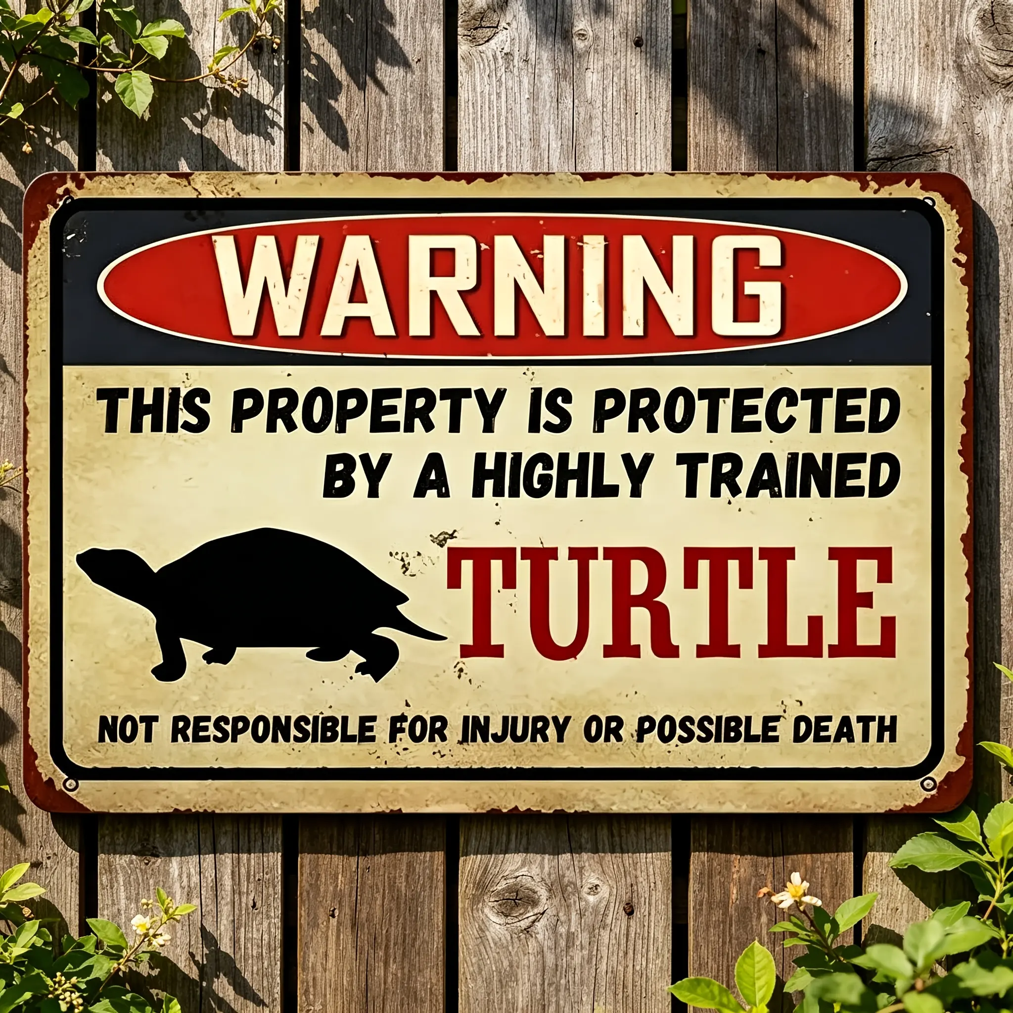 8X 12inch Funny Turtle Warning Metal Sign, 2D Flat Decorative Plaque, Highly Trained Turtle Protection, Humorous Wall Art, Vintage Sign, Suitable for Yard, Door, Fence, Home, Weatherproof Outdoor Decoration