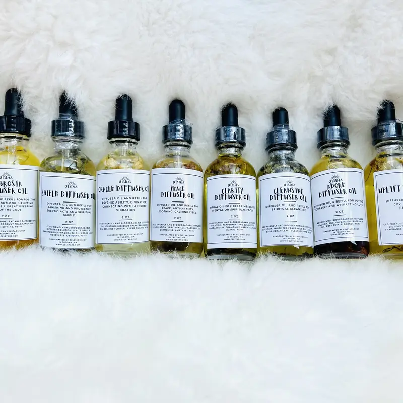 2oz Eco-Friendly Scented Intention Diffuser Oil Bottle - Home Fragrance with Citrine Quartz, Siren, Green Aventurine, Vanilla Scents, Cleansing-White Tea, Sage, Knowledge Herbs, Food of the Gods Aroma for Home Care & Car Aromatherapy