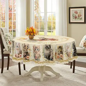 1pc Cute Cat Pattern Printed Circular Tablecloth, Spring And Autumn Farmhouse Kitten Floral Pattern Rectangular Tablecloth, Christmas Party Outdoor Decoration, Kitchen Accessories, Rural Farmhouse Style Decoration Home Wallpaper Gift table  linens