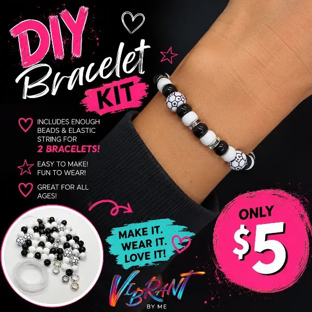 Vibrant By Me DIY Bracelet Kit - Black and White Soccer Theme, Makes 2 Bracelets, Easy to Make, Fun to Wear, Great for All Ages, $5