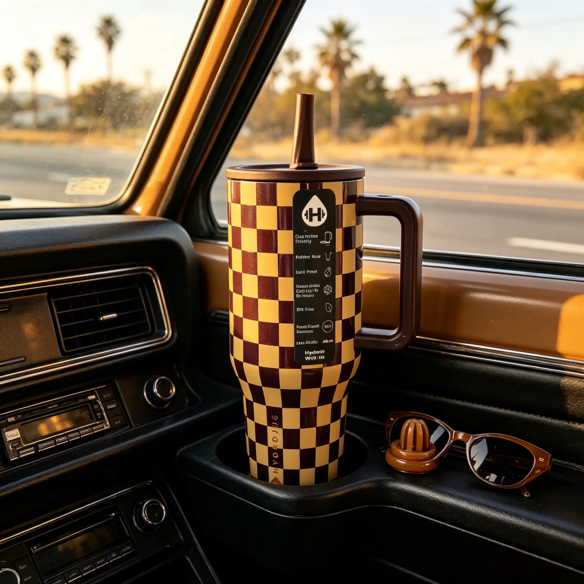 HydroJug 40oz Insulated Checkered Stainless Steel Tumbler - Purple & Beige Checkerboard, Sturdy Wide Mouth, Portable with Handle & Lid, Kitchenware Drinkware Vacuum Flask