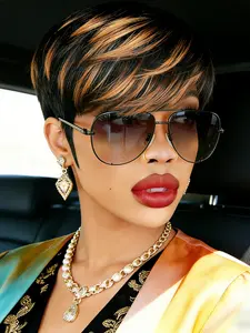 1B/30 Short Pixie Cut Wig Human Hair With Bangs Layered Machine Made for Daily Wear & Party