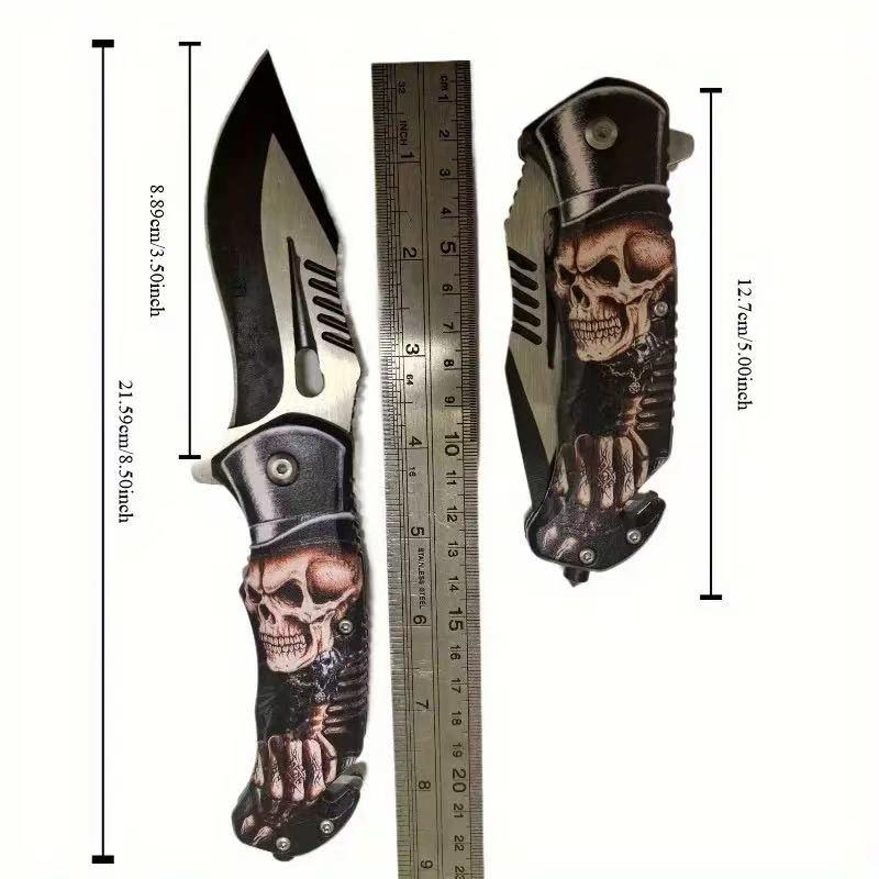 Stainless Steel High-Hardness Multi-Function Folding Knife with Skeleton Ghost Head Pattern, Portable Rope Knife and Glass Breaking Function, Unique Design, Perfect for Camping, Fishing, and Outdoor Exploration, Christmas and Halloween Gift