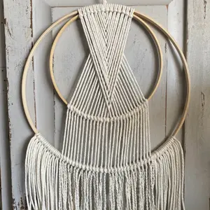 Beautiful Macrame Hoops Wall Hanging - Cream Color with Geometric Design and Fringe Details for Home Decor